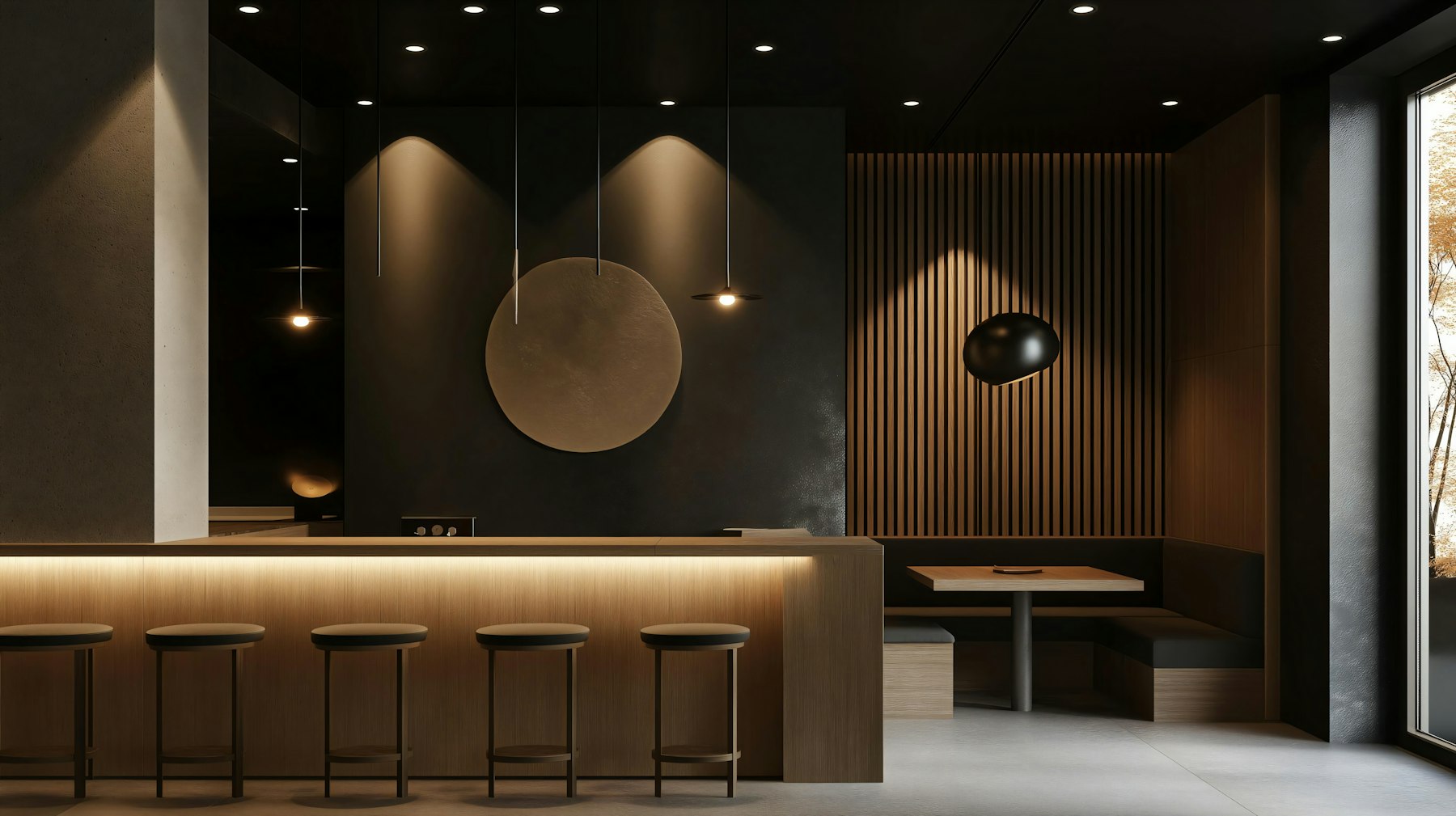 A dimly lit counter with stools, warm wood panels and soft pendant lights