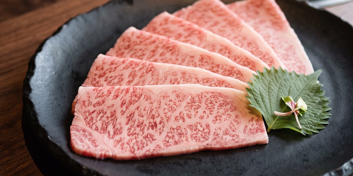 Thin slices of richly marbled raw wagyu fanned out on a dark stone plate with a shiso leaf